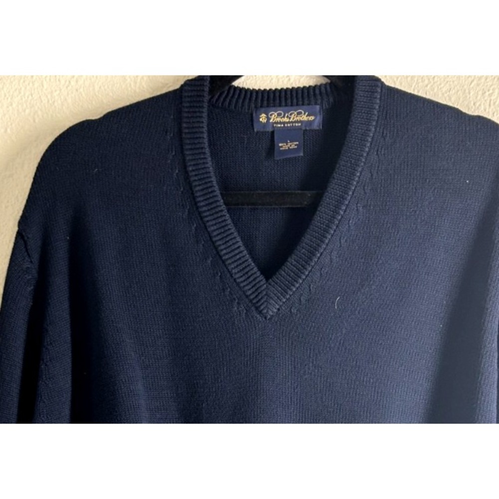 Brooks Brothers V-Neck Sweater Mens Navy Blue Pima Cotton Pullover Classic LARGE